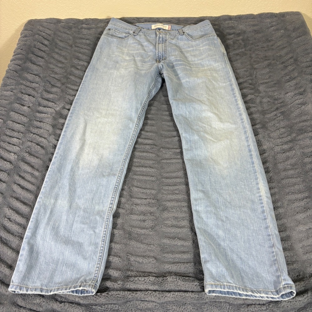Levis 505 Regular Fit Jeans Mens 36x34 Light Wash Blue Straight Leg Denim AT567